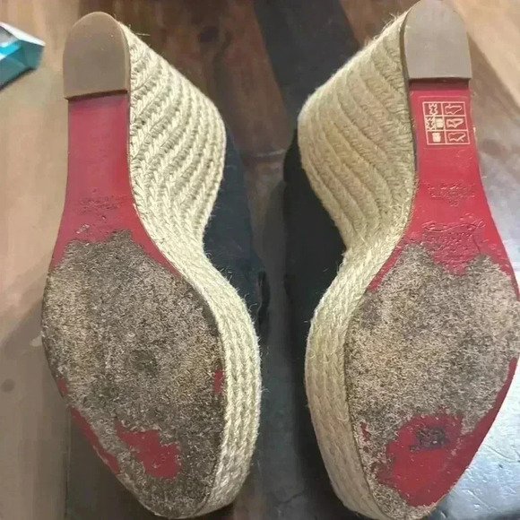 CHRISTIAN LOUBOUTIN Mallorca Canvas Espadrille Wedges 38 8 Black Mary-Jane - Picture 5 of 5